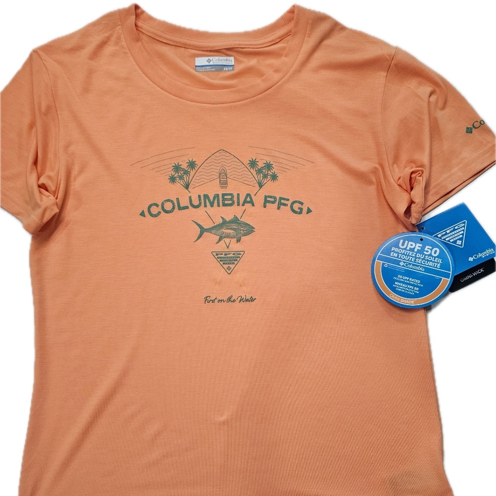 Columbia PFG‎ Shirt Womens XS Orange Omni-Shade UPF 50 Graphic Fishing Tee Top